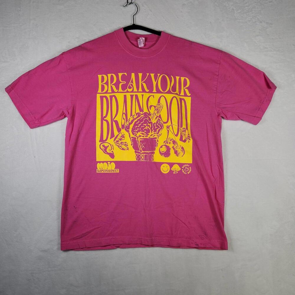 Break Your Brain Food Tee L Pink Yellow‎ Graphic Los Angeles Apparel Made USA